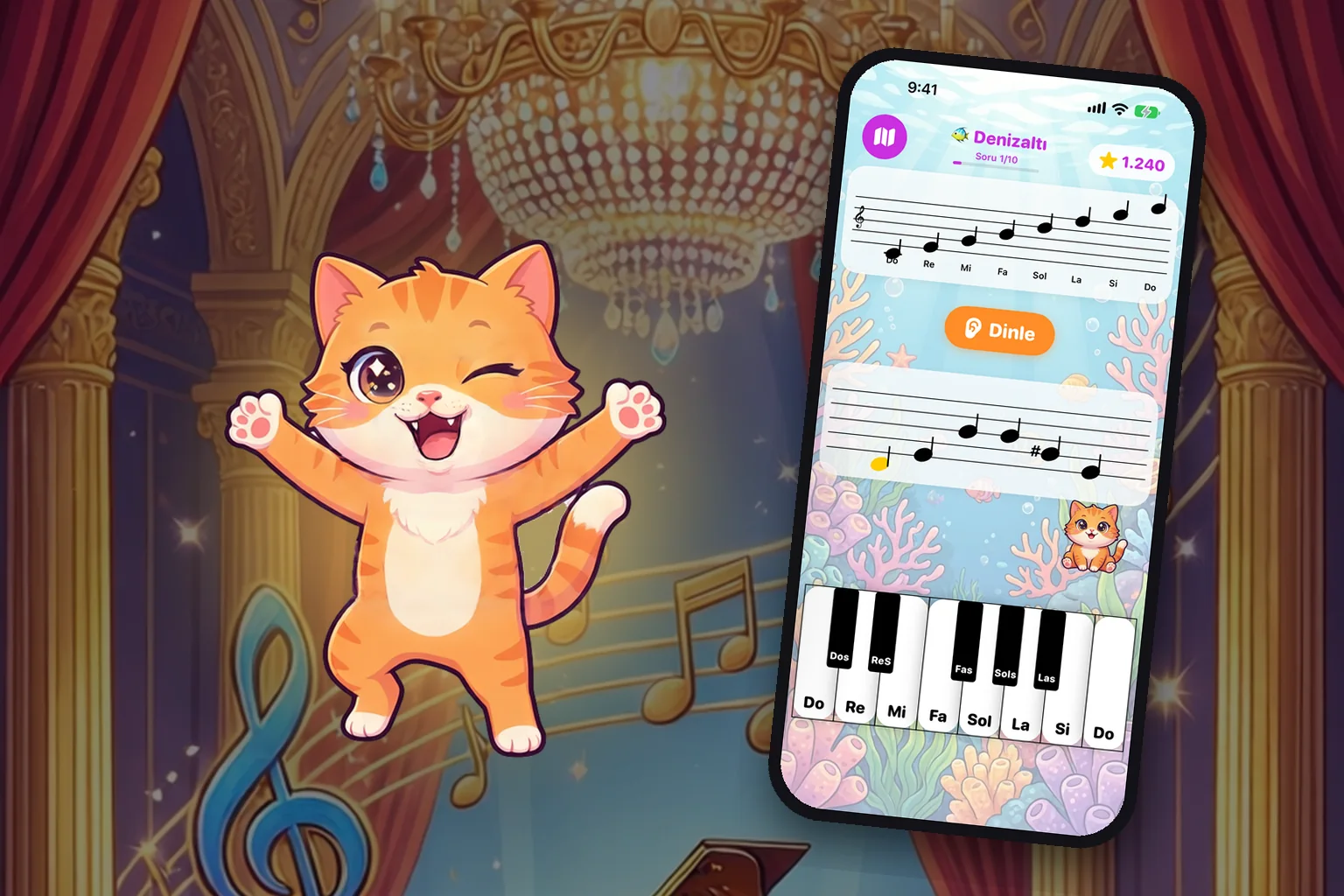 PianoCat'in kutlayan kedi maskotu ve nota çalınan oyun ekranı