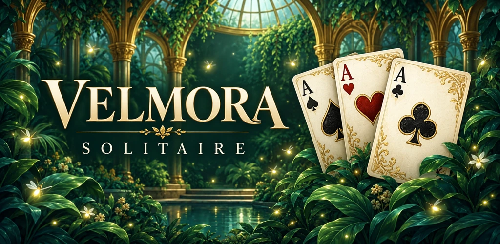 Velmora Solitaire: yeşil ve altın tonlu bahçede süslü oyun kartları